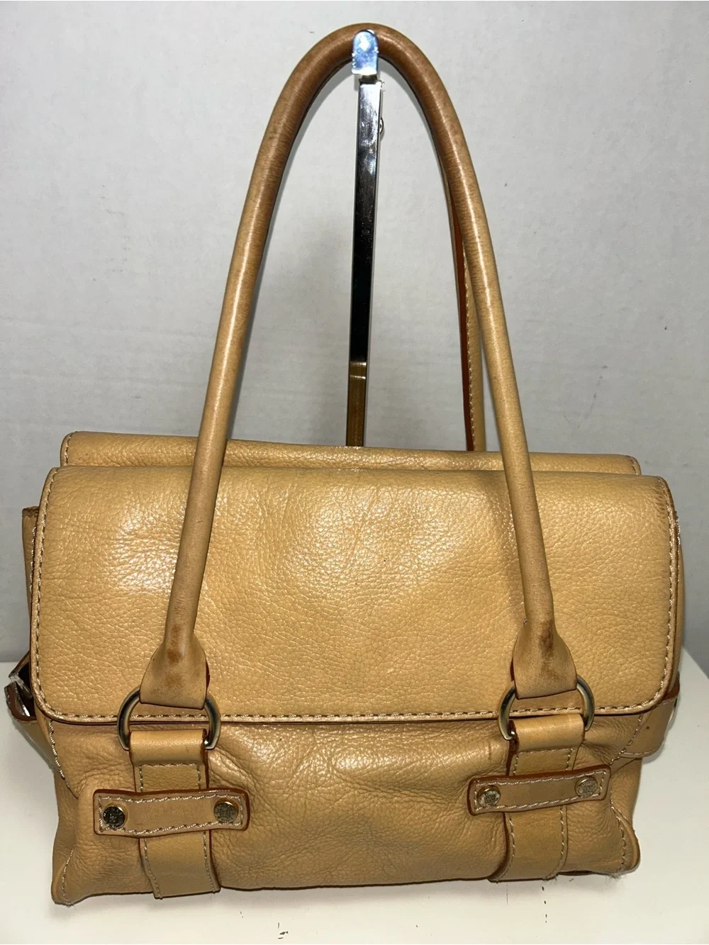 Michael Kors Y2K Tan Pebbled Leather Double Flap Three Section Satchel